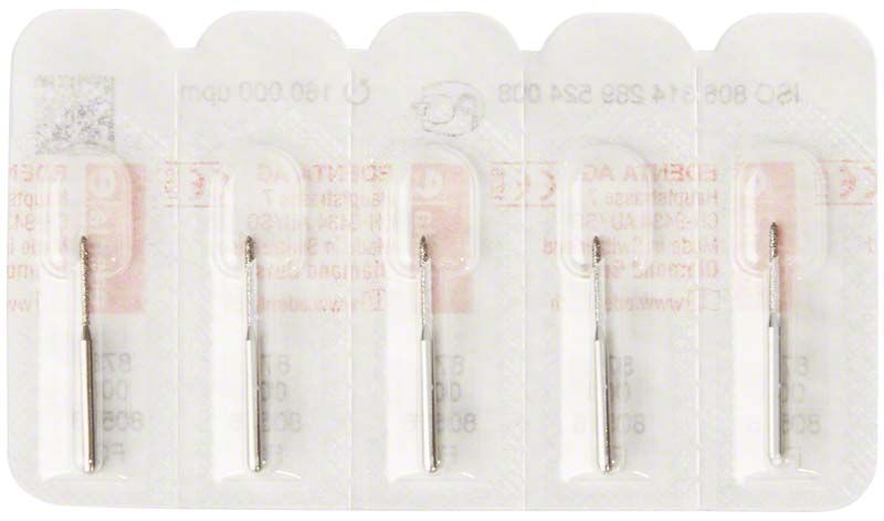 Diamantschleifer FG 878 008 in Blisterverpackung mit vier Torpedo-Köpfen.