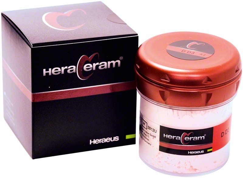 HeraCeram® Dentin 100g DD3 in brauner Dose neben Verpackung.