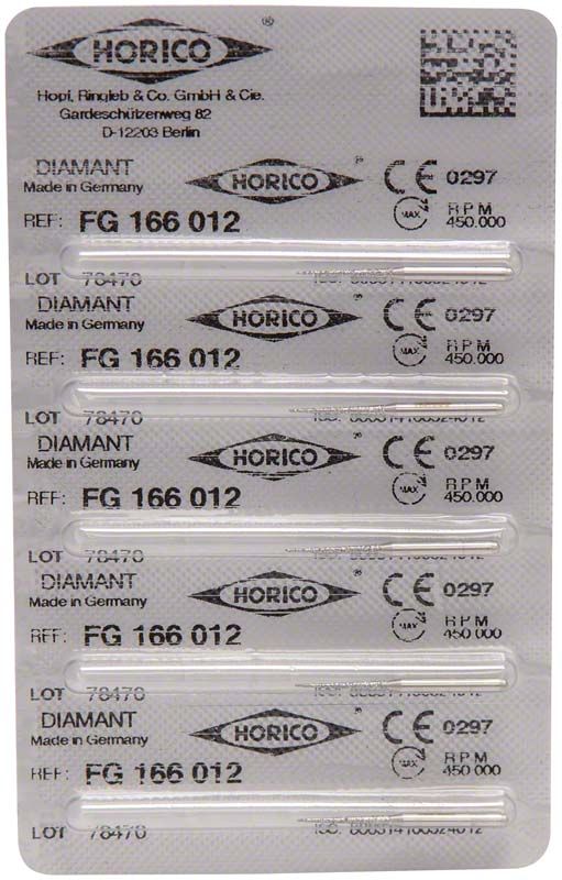 Blisterverpackung mit Diamant-FG 166 012 Schleifinstrumenten, fünf Stück.