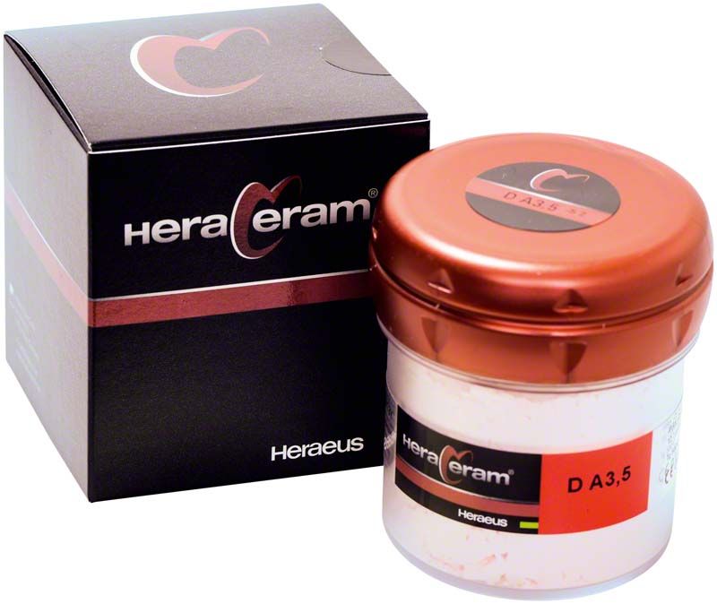 HeraCeram® Dentin DA3,5 in Dose neben Verpackung, dental Keramikprodukt.
