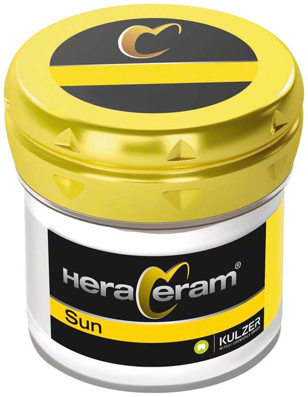 HeraCeram® Sun Pastenopaker PO B4 in gelbem Behälter mit Markenlogo.