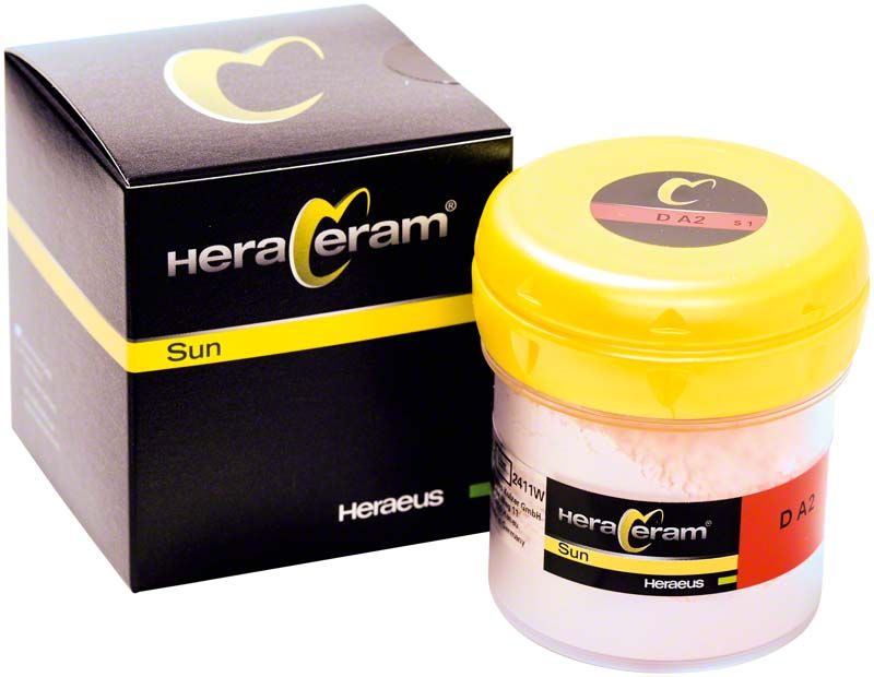 HeraCeram® Sun Dentin DA2 100g Dose neben Verpackung.