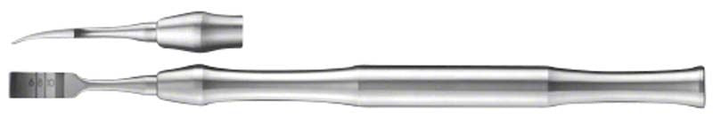 Gebogener Knochenmeißel aus Metall, 6 mm breit, für medizinische Eingriffe.