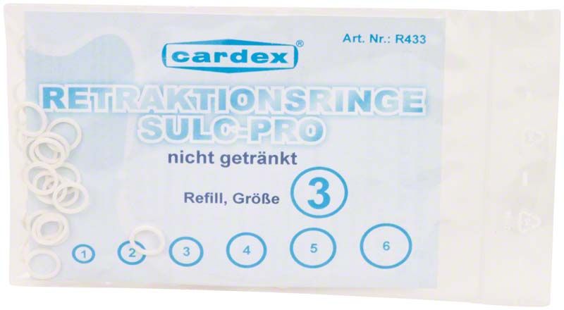 Verpackung von Cardex Dental Sulc Pro Retraktionsringen Größe 3, ungetränkt.