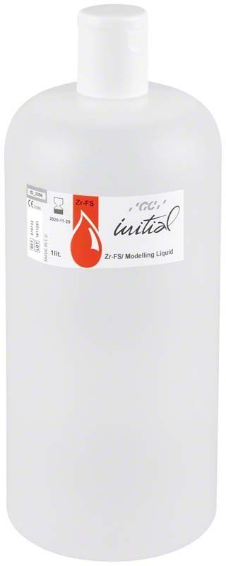 GC Initial Zr-FS Modelling Liquid Flasche mit Etikett und rotem Tropfensymbol.
