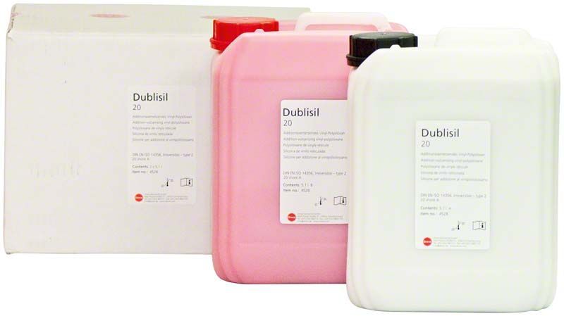 Dublisil® 20 Kanister in weiß und rosa mit Produktetiketten.