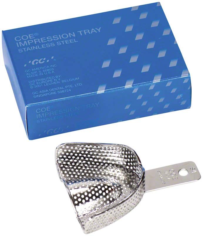 Perforierter Stahl-Löffel für Abdrucknahme, mittlere Größe, mit blauer Verpackung.