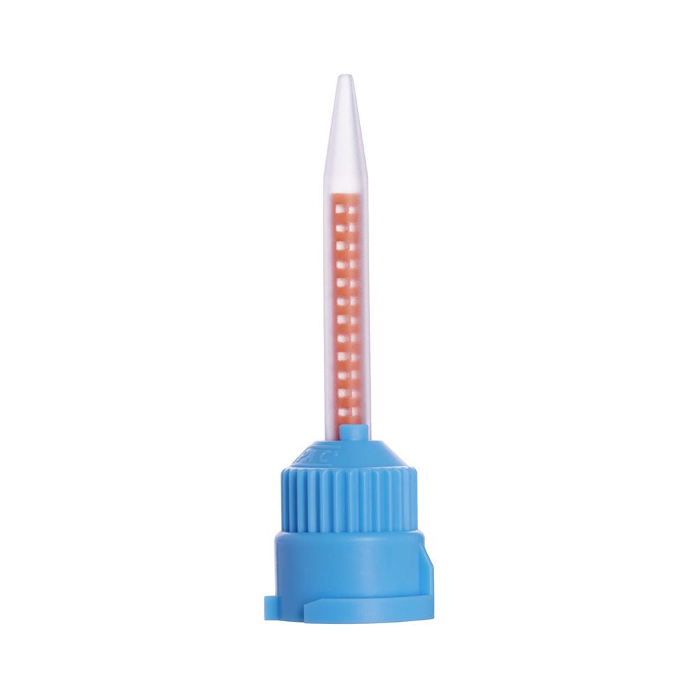 Helleblaue Automix Mischkanüle 4:1 für dentale Anwendungen.