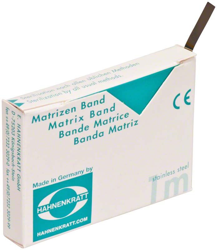 Matrizenband aus Edelstahl im Kartonspender mit sichtbarem Bandende.