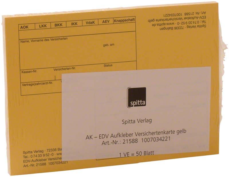 EDV Anschriftenblatt mit gelbem Hintergrund und Spitta Verlag Aufkleber.