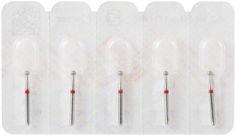 Diamantschleifer FG 801F 018 mit rotem Ring in Blisterverpackung.