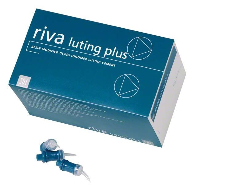 Riva Luting Plus Kapseln in blauer Verpackung mit Produktlogo.