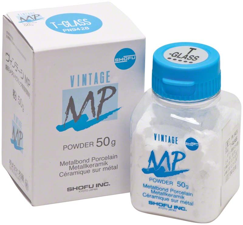 Vintage MP Schmelzeffekt 50g T-Glass Pulver in weißem Behälter mit blauer Kappe.