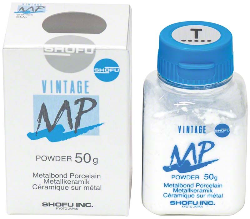 Vintage MP Schmelzeffekt 50g T Pulver in weißer Flasche neben Verpackung.
