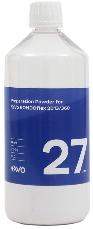 RONDOflex Pulverflasche 27µm mit blauem Etikett für Dentaltechnik.