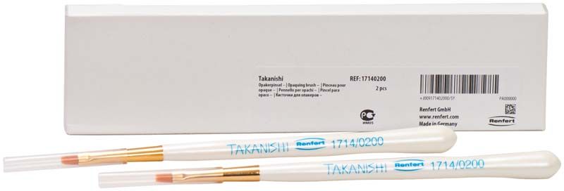 Zwei Takanishi Kunsthaarpinsel vor weißer Verpackung für Dentalanwendungen.