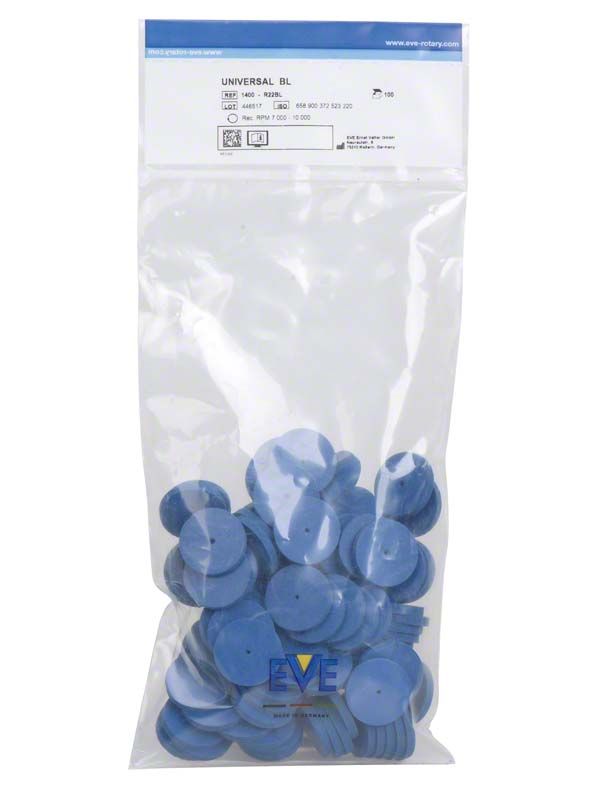 Blauer Gummipolierer EVE UNIVERSAL R22BL in transparenter Verpackung.