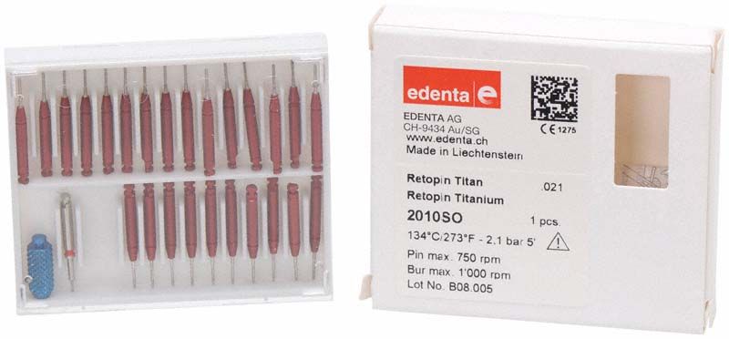 Retopin Stift Titan in Verpackung mit 25 montierten Stiften.
