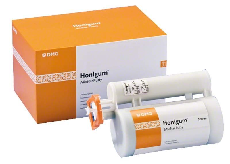 Honigum-Putty Mixstar 380 ml Kartusche neben Verpackung.
