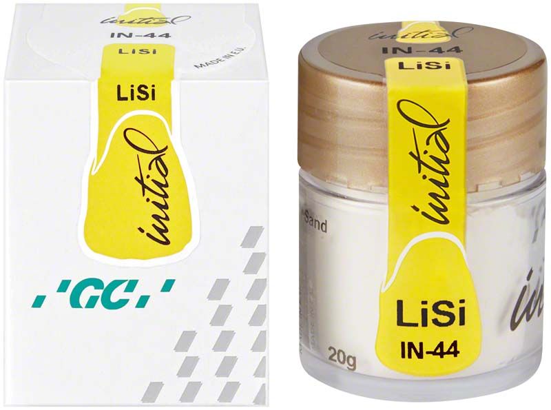 Glasflasche mit GC Initial LiSi IN-44 Sand, gelbes Etikett.