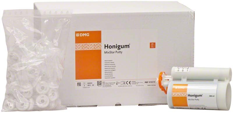 Honigum-Putty MixStar Kartuschen und Zubehör vor Produktverpackung.