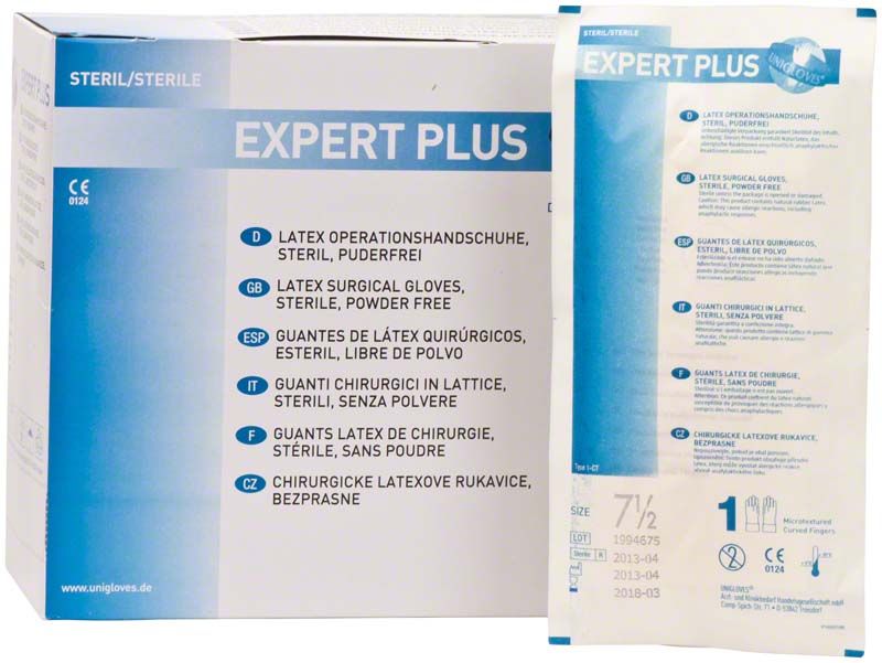 Sterile Latex-OP-Handschuhe EXPERT PLUS® Gr. 7,5 in Verpackung.