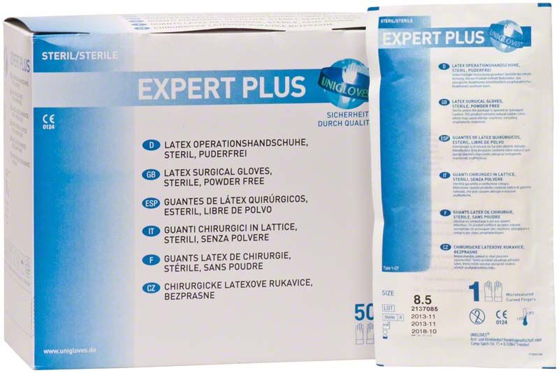 EXPERT PLUS® Latex OP-Handschuhe Gr. 8,5 in steriler Verpackung.