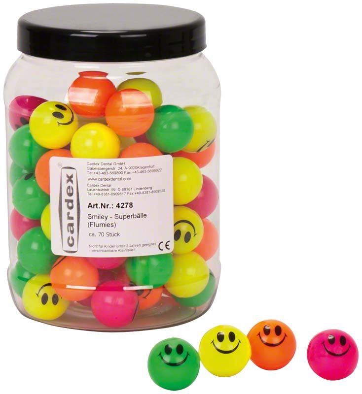 Smiley Superbälle Flumies im durchsichtigen Behälter, farbig sortiert.