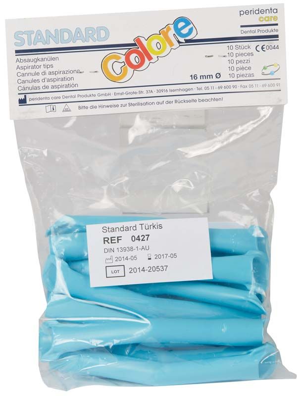 Absaugkanülen standard colore türkis, 10 Stück in Verpackung.