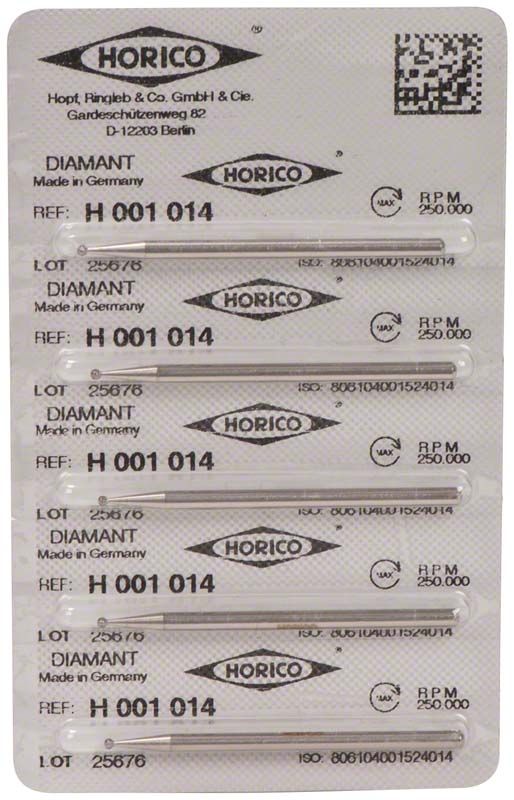 Verpackung mit fünf Diamantschleifern Diamant H 001 014 für Dentalmedizin.
