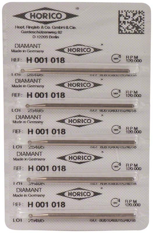 Blisterpackung mit fünf Diamant-Schleifkörpern, Modell H 001 018, von Horico.