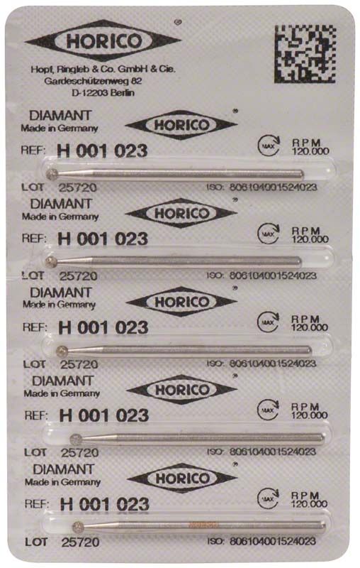 Verpackung von Horico Diamant H 001 023 Schleifinstrumenten, 5 Stück.