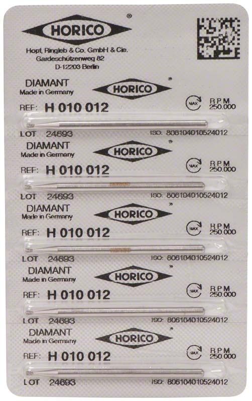Packung mit fünf Diamantschleifern H 010 012 für Zahnanwendungen.
