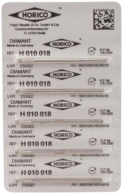 Blisterpackung mit fünf Diamant Schleifinstrumenten H 010 018 von Horico.