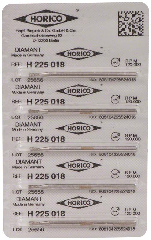 Verpackung mit fünf Diamantschleifern Diamant H 225 018 für Zahnmedizin.