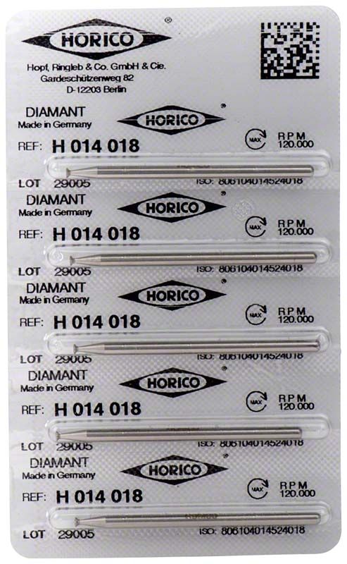 Diamantschleifer H 014 018 in Blisterverpackung für Zahnmedizin.