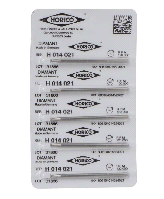 Packung mit fünf Diamantschleifern für Dentalanwendungen, Modell Diamant H 014 021.