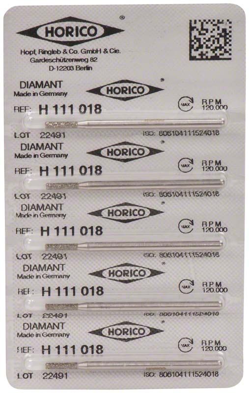 Verpackung mit fünf Diamant-Schleifinstrumenten, Modell H 111 018, von Horico.