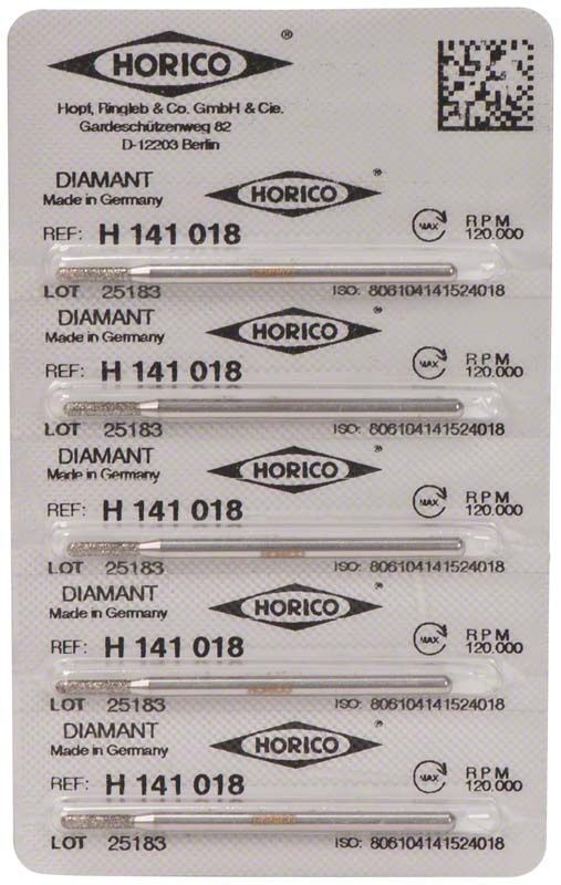Verpackung mit fünf Diamantschleifern Diamant H 141 018 für Dentalmedizin.