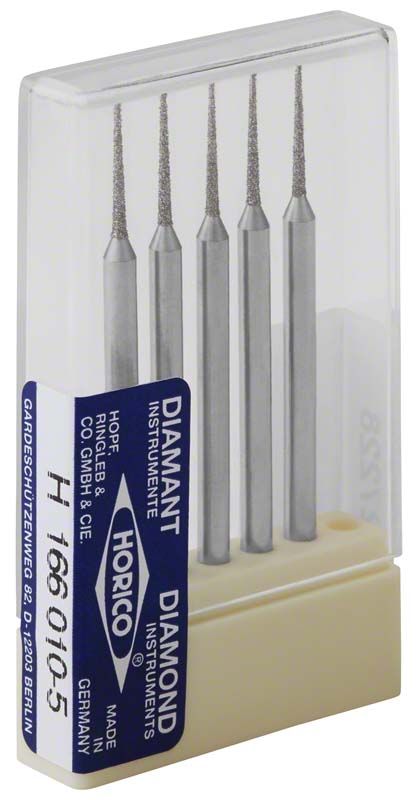 Packung mit fünf Diamantschleifern H 166 010 für Dentalpräparationen.