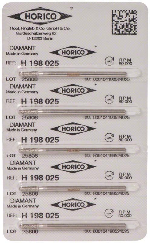 Verpackung mit fünf Diamantschleifern H 198 025 für Zahntechnik.