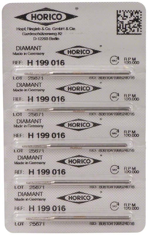 Verpackung mit sechs Diamant-H 199 016 Dentalbohrern von Horico.