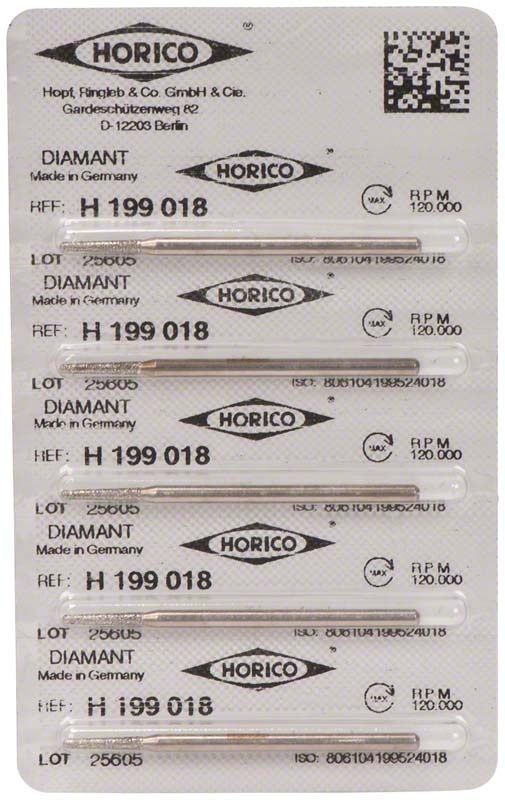 Blisterverpackung von Diamantschleifern H 199 018 für Dentalanwendungen.