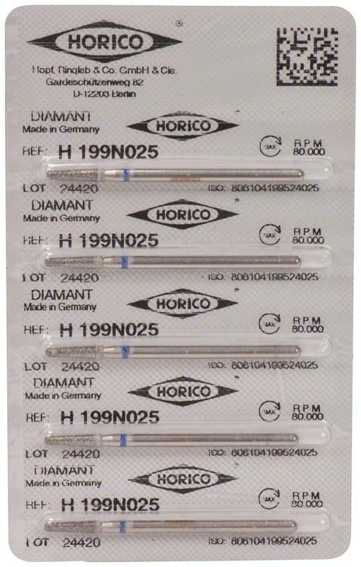 Verpackung mit fünf Diamant-H 199N 025 Dentalbohrern.