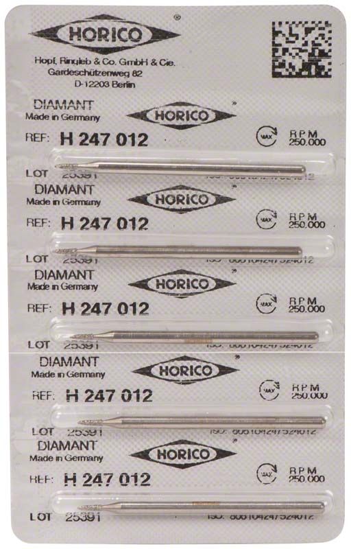 Verpackung mit fünf Diamant-Schleifinstrumenten, Modell H 247 012, von Horico.