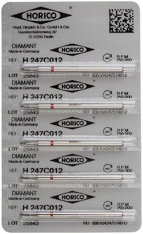 Blisterverpackung mit fünf Diamant-H 247C 012 Dentalbohrern.