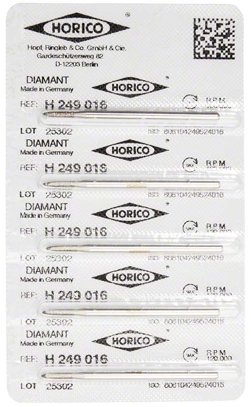 Blisterpackung mit sechs Diamant-Schleifinstrumenten H 249 016 von Horico.