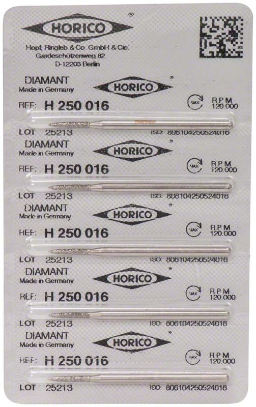 Verpackung mit sechs Diamantschleifern Diamant H 250 016 für Zahntechnik.