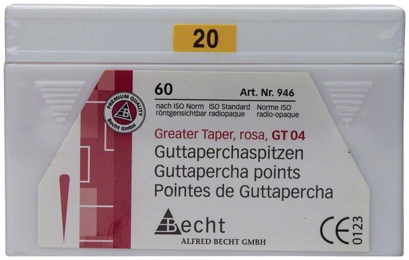 Guttaperchaspitzen GT 04 Gr. 20 in weißer Verpackung mit ISO-Norm.