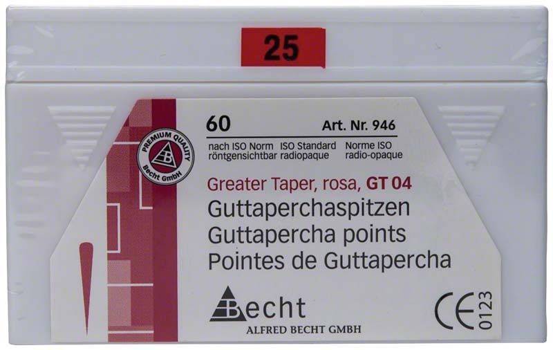 Rosa Guttaperchaspitzen GT 04 Gr. 25 von Medic-Star in Verpackung.